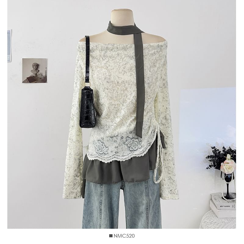 Cowl Neck Lace Top with Drawstring Ruffle Hem and Scarf Set