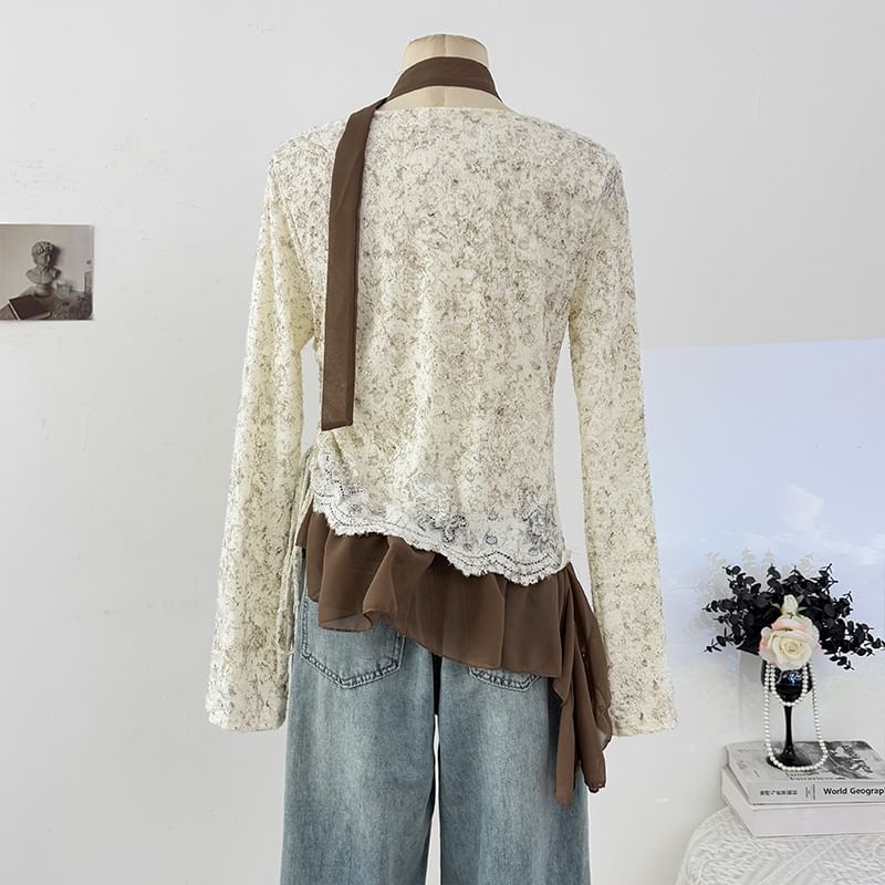 Cowl Neck Lace Top with Drawstring Ruffle Hem and Scarf Set