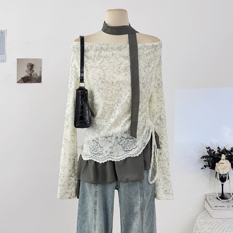Cowl Neck Lace Top with Drawstring Ruffle Hem and Scarf Set