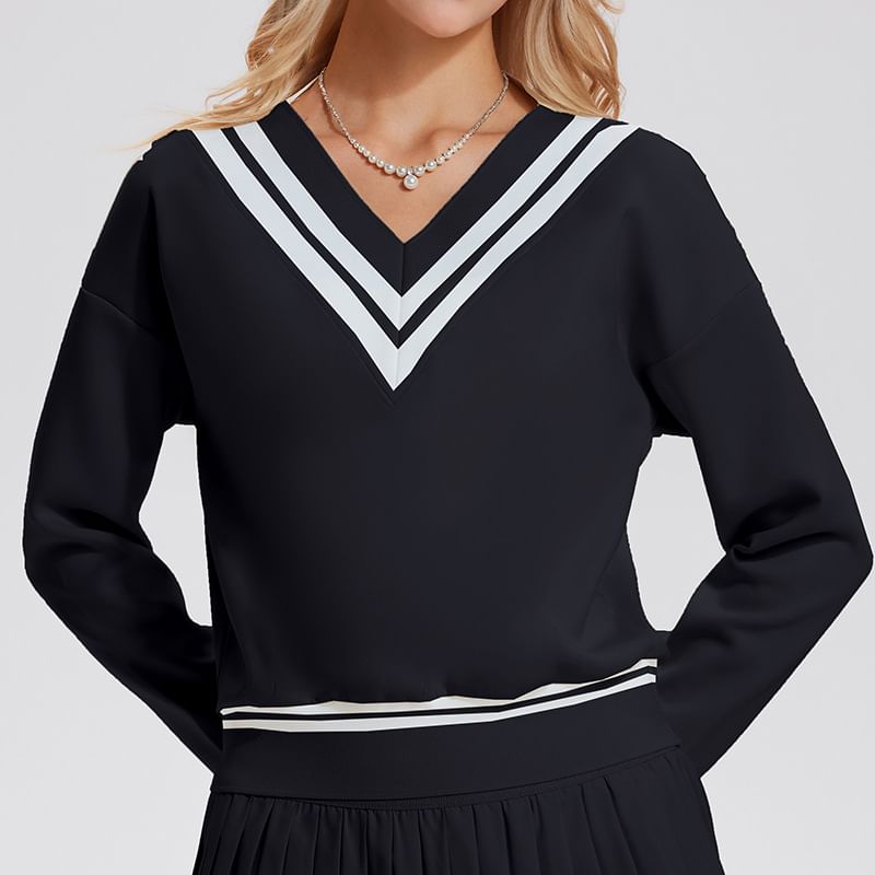 Striped Trim V-Neck Sports Sweatshirt