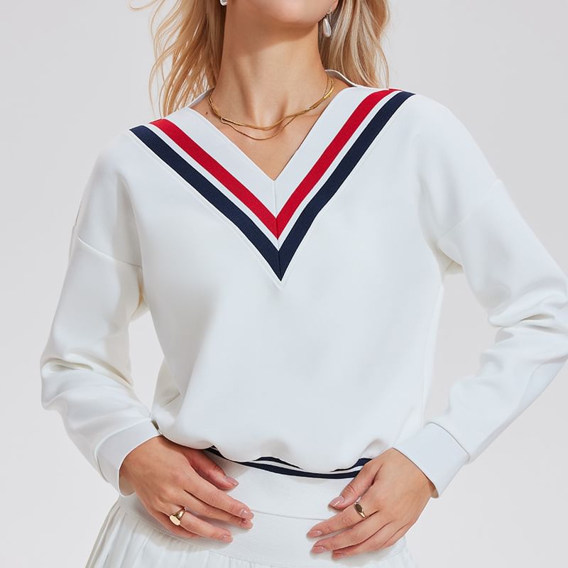 Striped Trim V-Neck Sports Sweatshirt