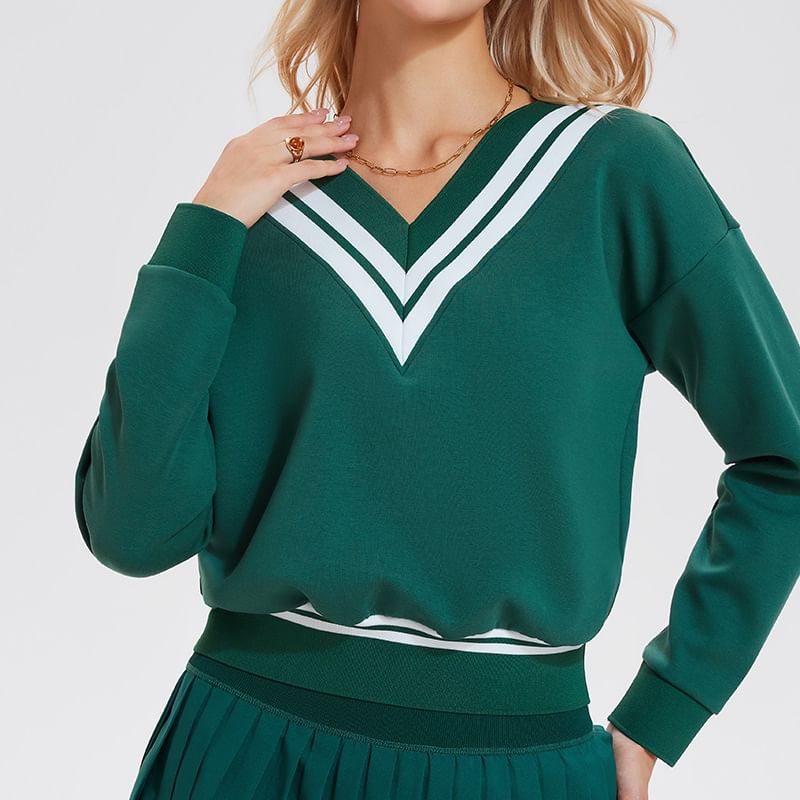 Striped Trim V-Neck Sports Sweatshirt
