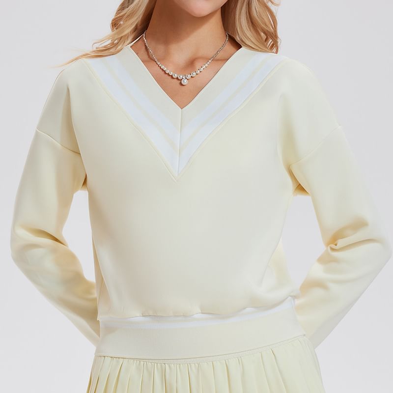 Striped Trim V-Neck Sports Sweatshirt