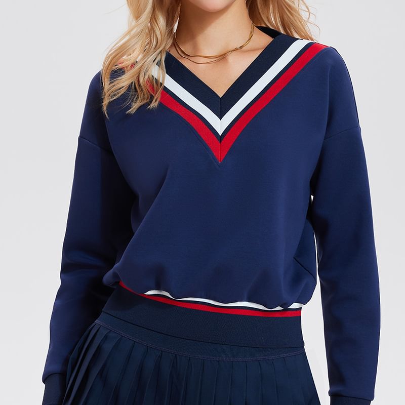 Striped Trim V-Neck Sports Sweatshirt