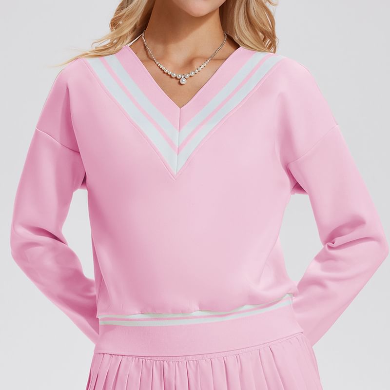 Striped Trim V-Neck Sports Sweatshirt