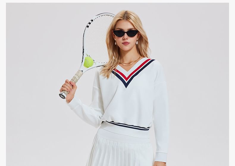 Striped Trim V-Neck Sports Sweatshirt