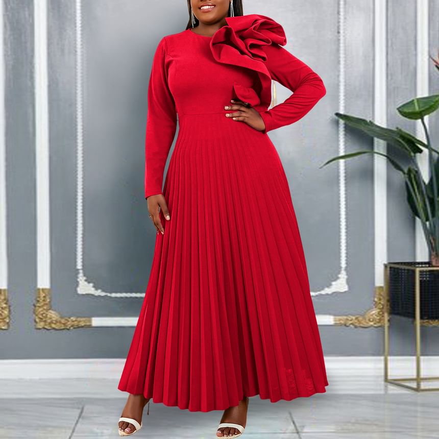 Long-Sleeve Crew Neck Plain Ruffle Panel Pleated Maxi A-Line Dress