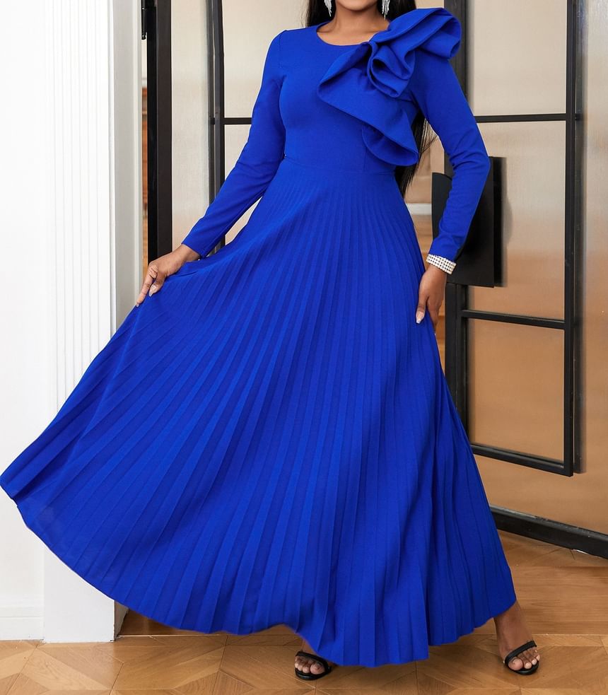 Long-Sleeve Crew Neck Plain Ruffle Panel Pleated Maxi A-Line Dress