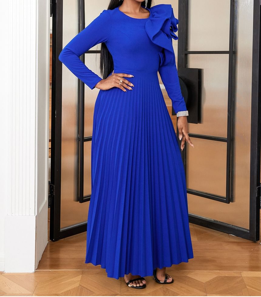 Long-Sleeve Crew Neck Plain Ruffle Panel Pleated Maxi A-Line Dress