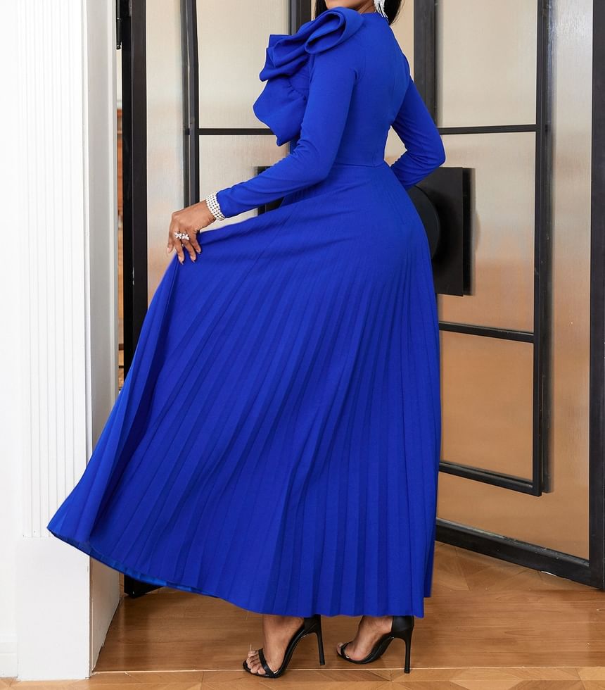 Long-Sleeve Crew Neck Plain Ruffle Panel Pleated Maxi A-Line Dress