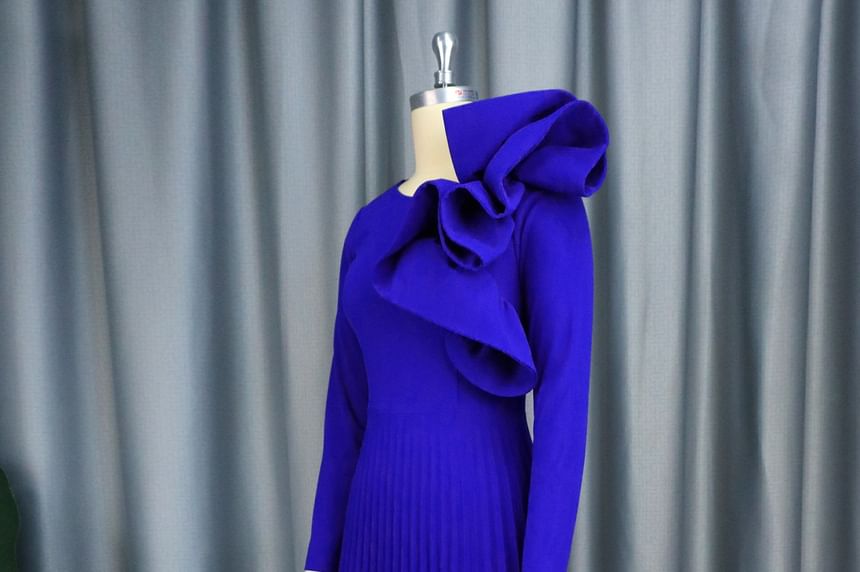Long-Sleeve Crew Neck Plain Ruffle Panel Pleated Maxi A-Line Dress
