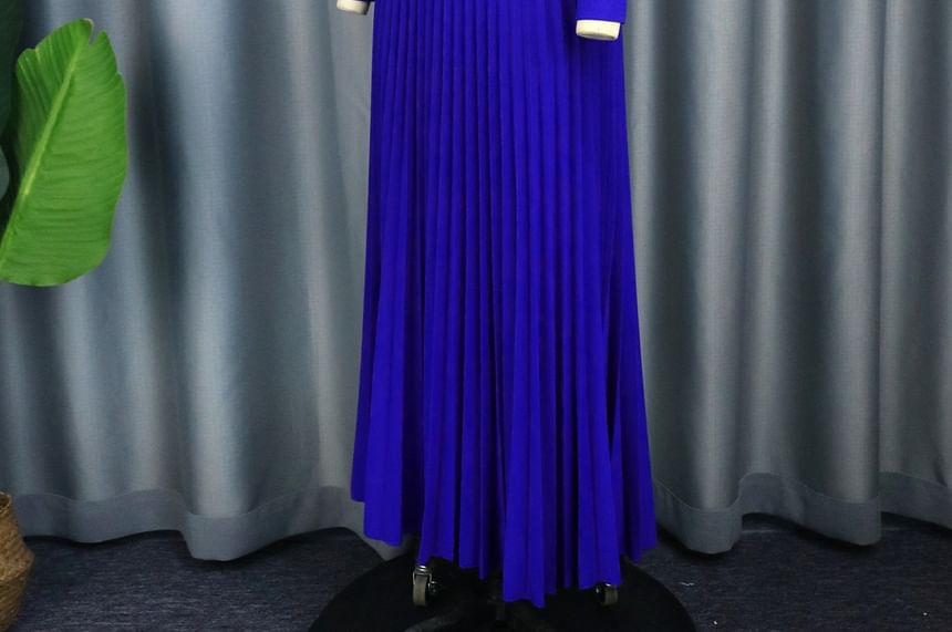 Long-Sleeve Crew Neck Plain Ruffle Panel Pleated Maxi A-Line Dress