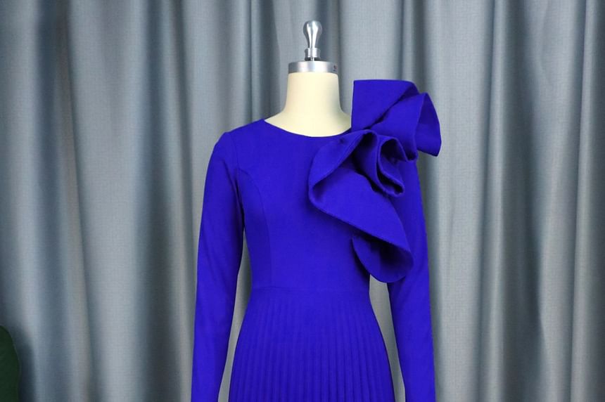 Long-Sleeve Crew Neck Plain Ruffle Panel Pleated Maxi A-Line Dress