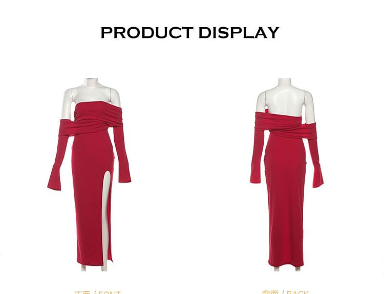 Long Sleeve One Shoulder Plain Slit Maxi Sheath Dress