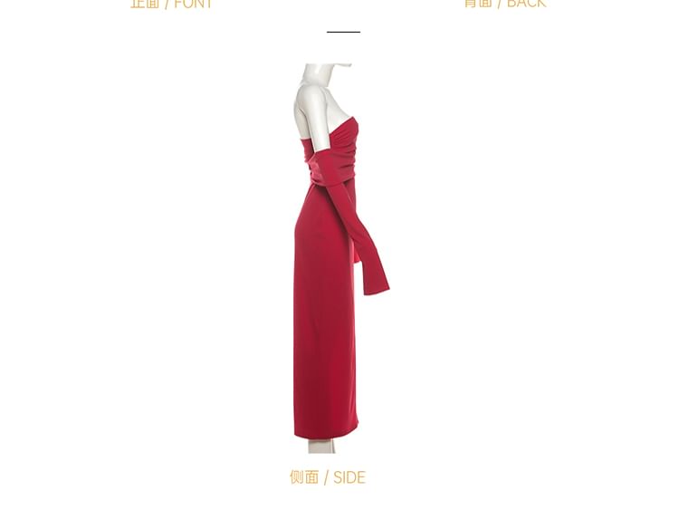 Long Sleeve One Shoulder Plain Slit Maxi Sheath Dress