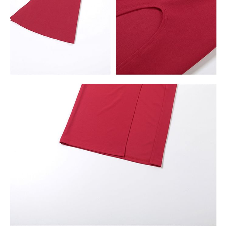 Long Sleeve One Shoulder Plain Slit Maxi Sheath Dress