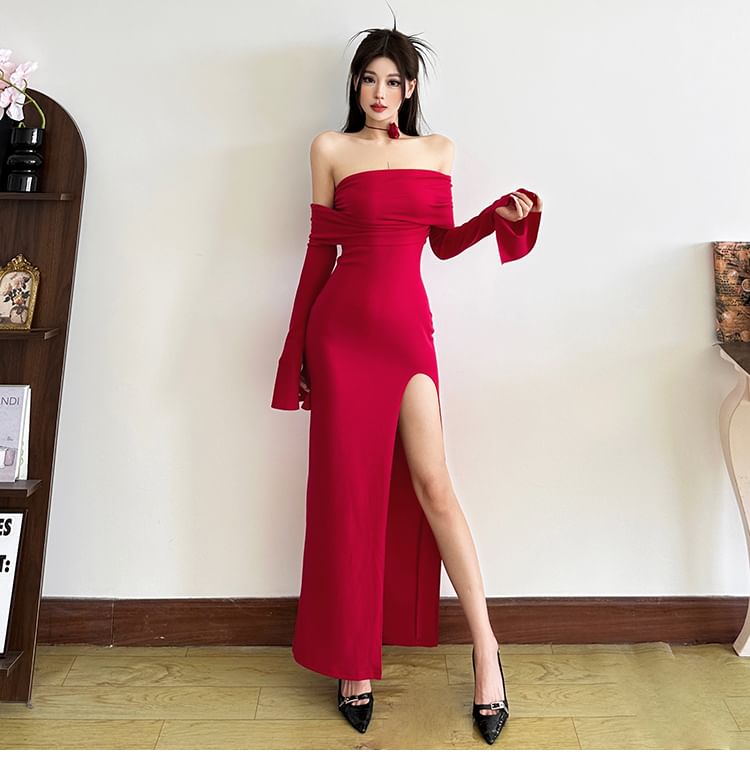 Long Sleeve One Shoulder Plain Slit Maxi Sheath Dress