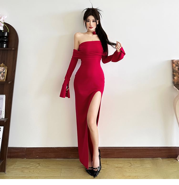 Long Sleeve One Shoulder Plain Slit Maxi Sheath Dress