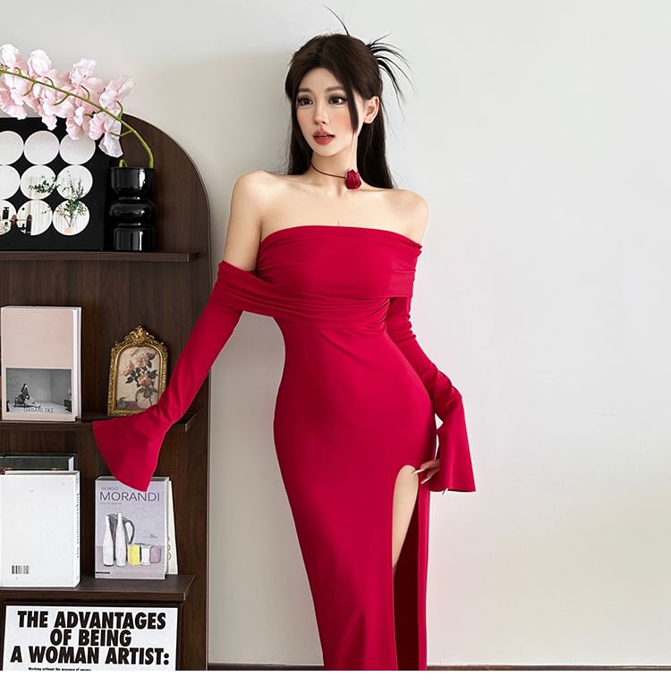 Long Sleeve One Shoulder Plain Slit Maxi Sheath Dress