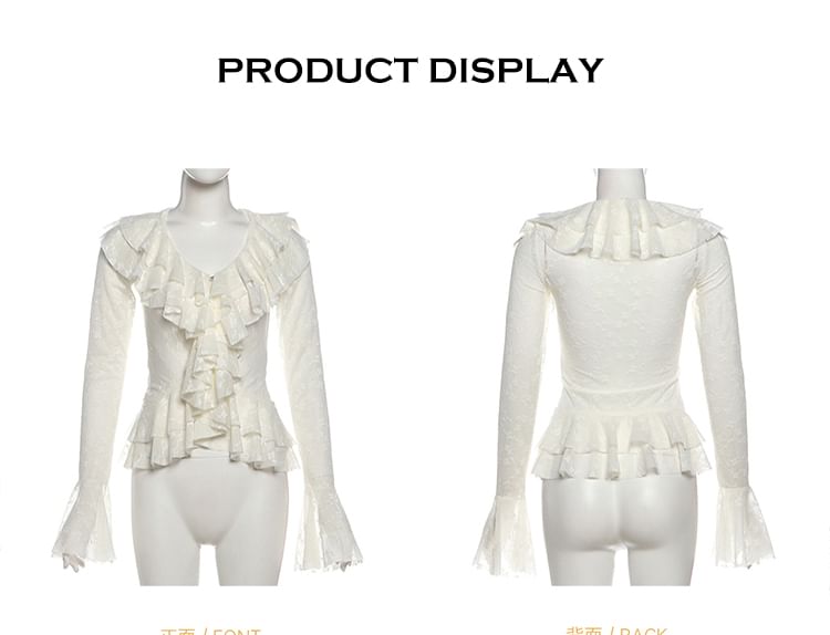 Bell Sleeve V-Neck Ruffle Lace Blouse