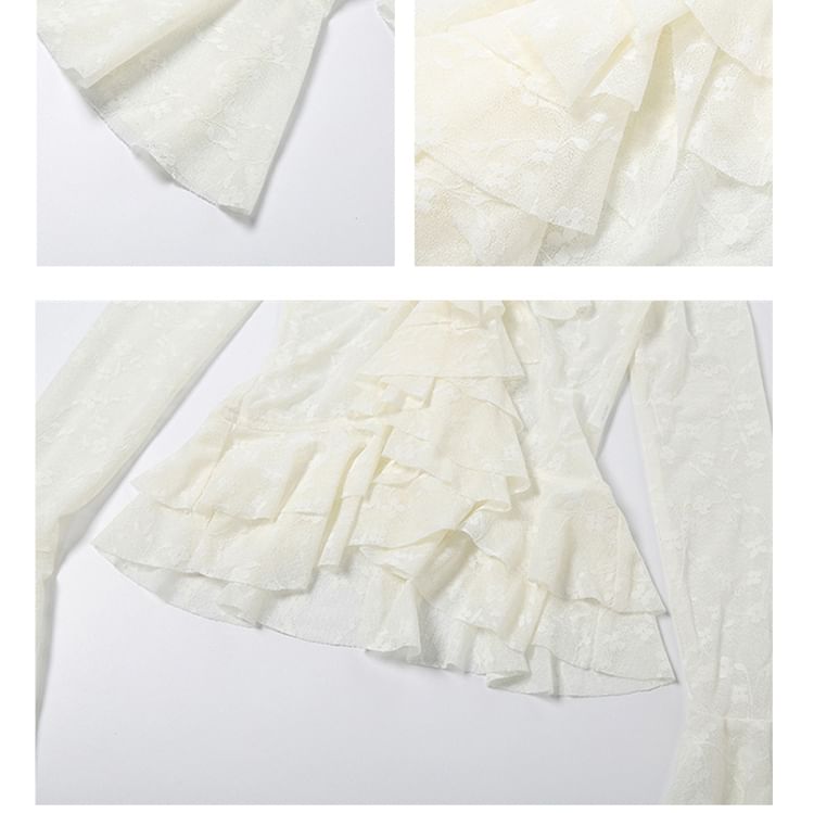 Bell Sleeve V-Neck Ruffle Lace Blouse