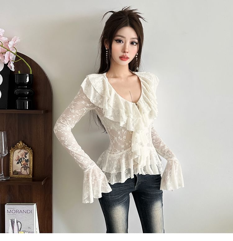 Bell Sleeve V-Neck Ruffle Lace Blouse
