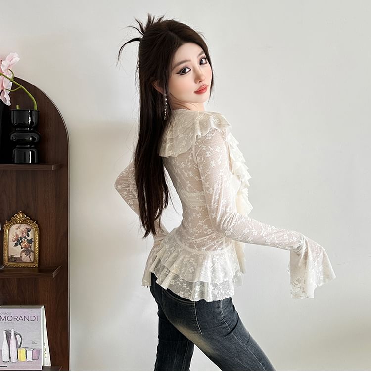 Bell Sleeve V-Neck Ruffle Lace Blouse