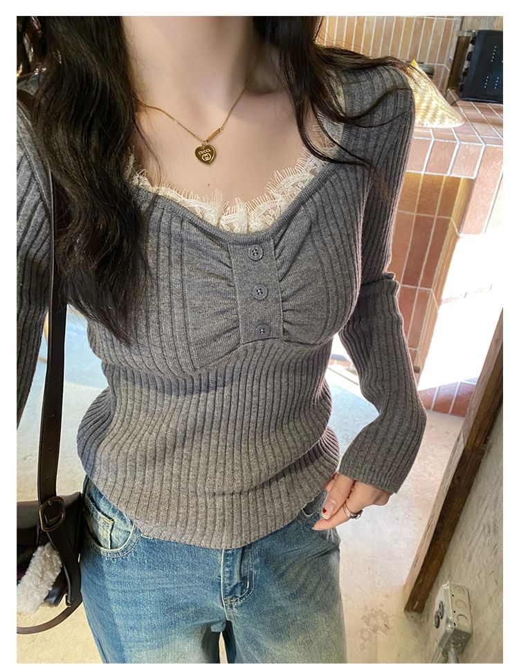 Ribbed Knit V-Neck Top with Lace Trim - Slim Fit