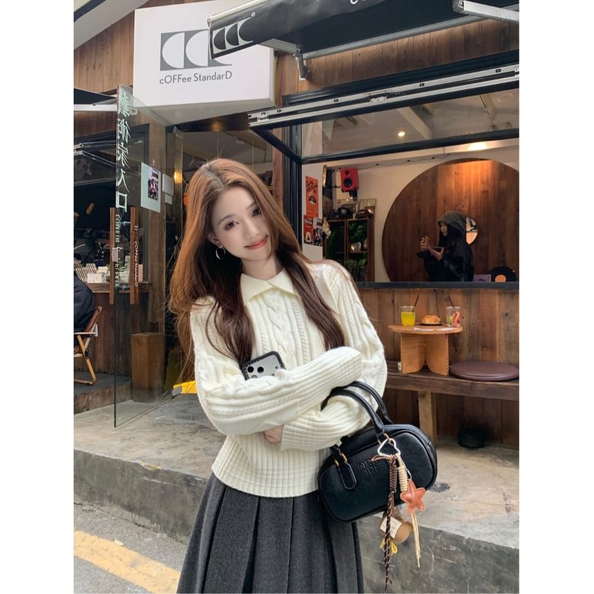 Cable Knit Collared Polo Sweater with Pleated Skirt