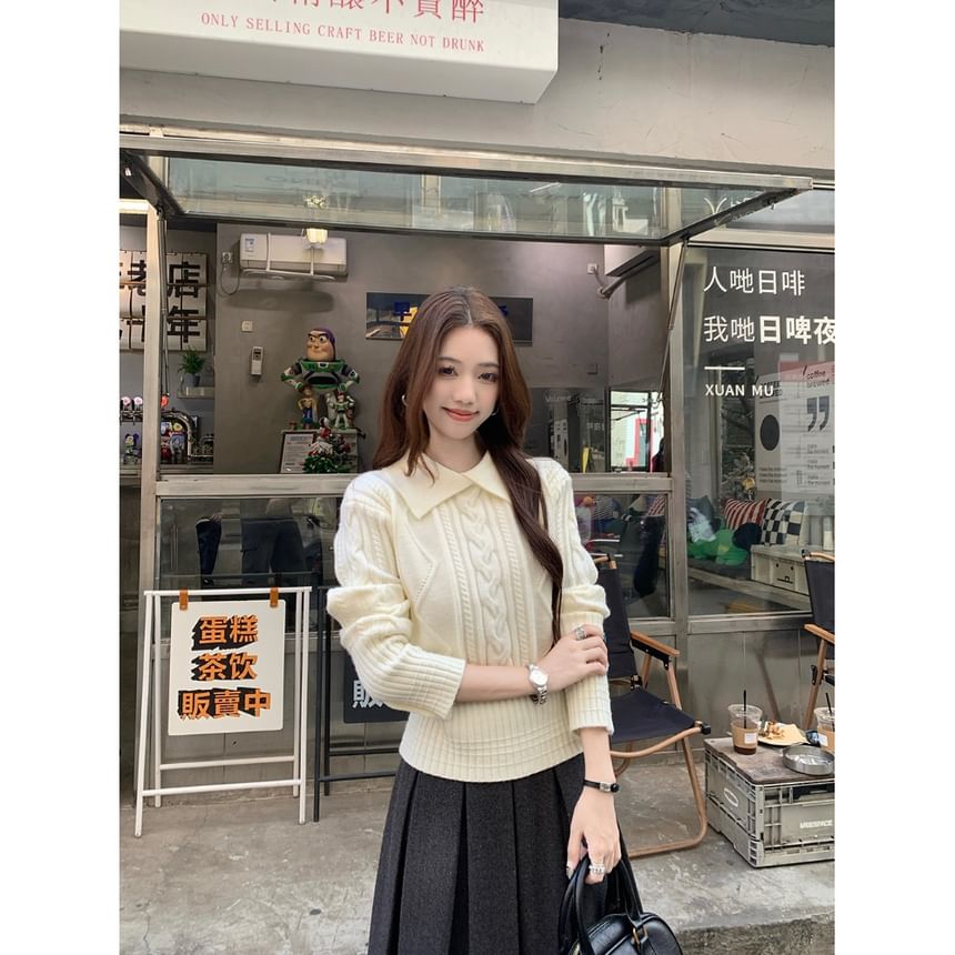Cable Knit Collared Polo Sweater with Pleated Skirt