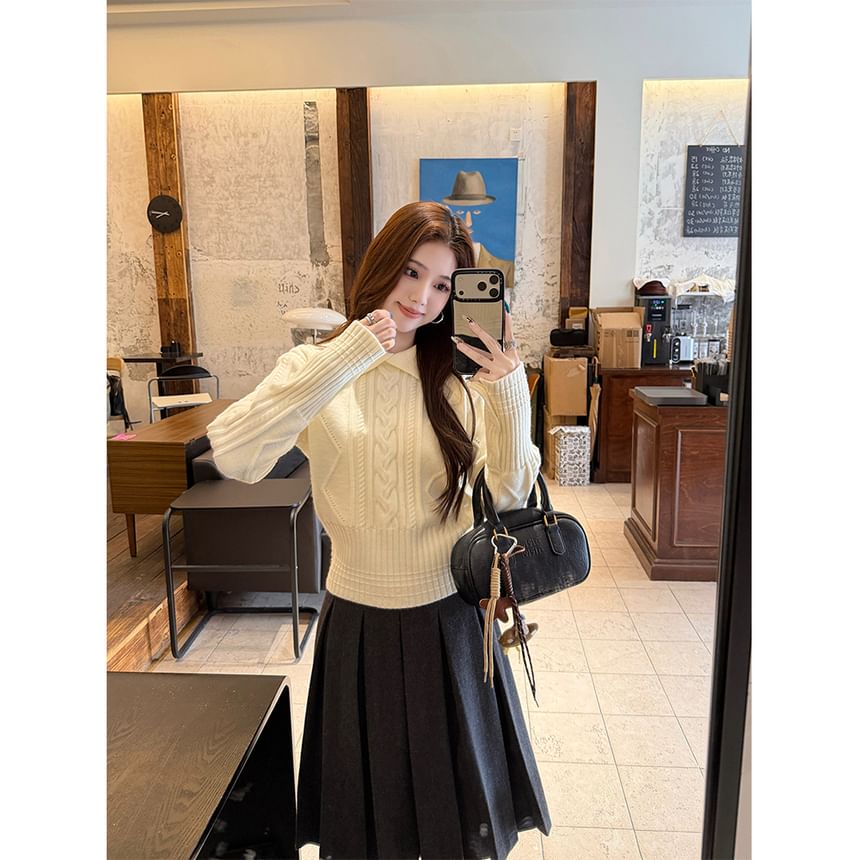 Cable Knit Collared Polo Sweater with Pleated Skirt