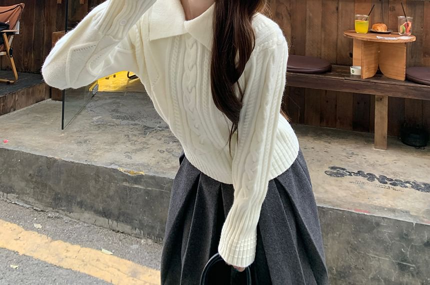 Cable Knit Collared Polo Sweater with Pleated Skirt