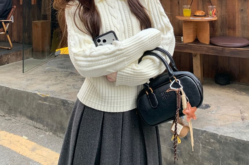 Cable Knit Collared Polo Sweater with Pleated Skirt