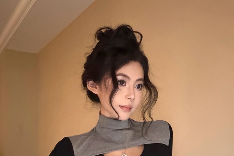 Cutout Asymmetrical Mock Neck Top