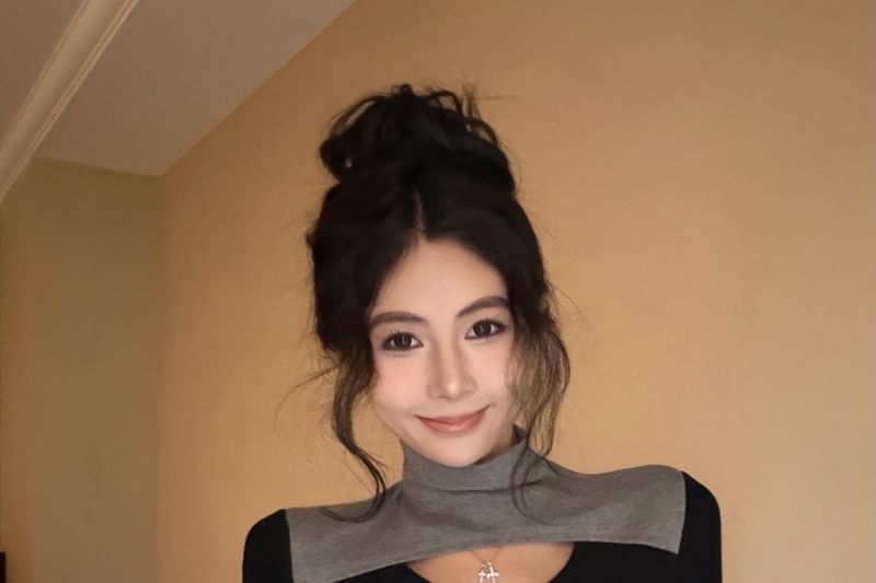 Cutout Asymmetrical Mock Neck Top