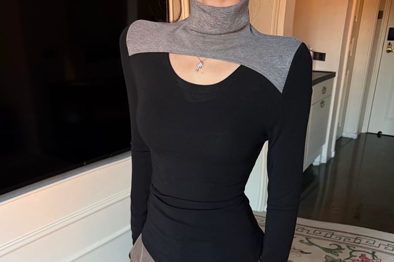 Cutout Asymmetrical Mock Neck Top