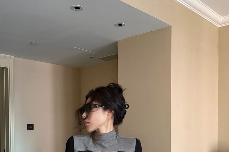 Cutout Asymmetrical Mock Neck Top