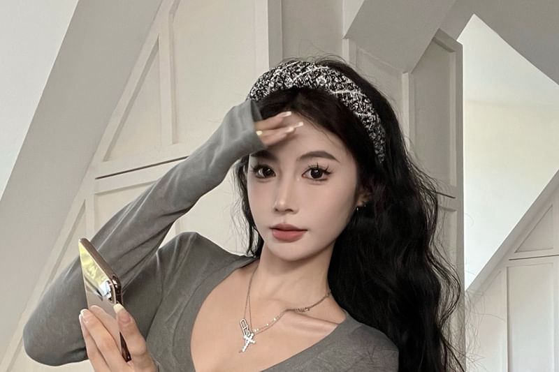 V-Neck Half Button Crop Top