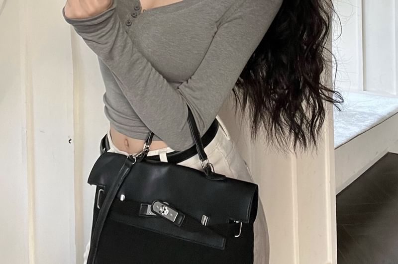 V-Neck Half Button Crop Top
