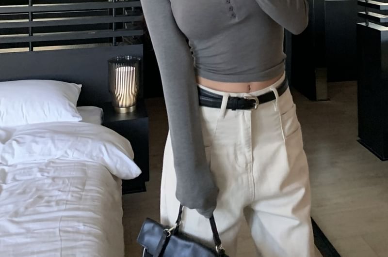 V-Neck Half Button Crop Top