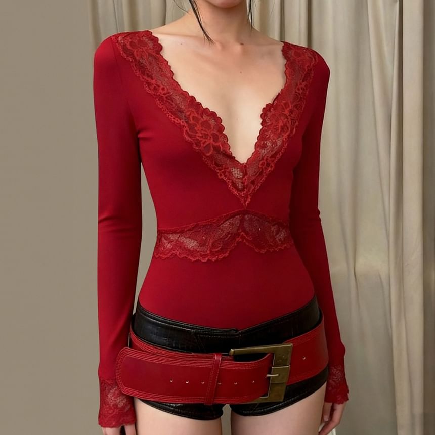 V-Neck Lace Panel Bodysuit Top - Long Sleeve
