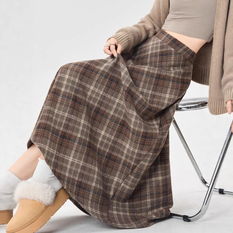 Plaid High Waist Midi A-Line Skirt