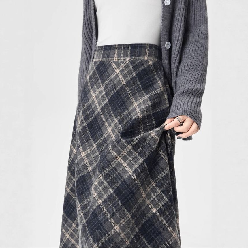 Plaid High Waist Midi A-Line Skirt