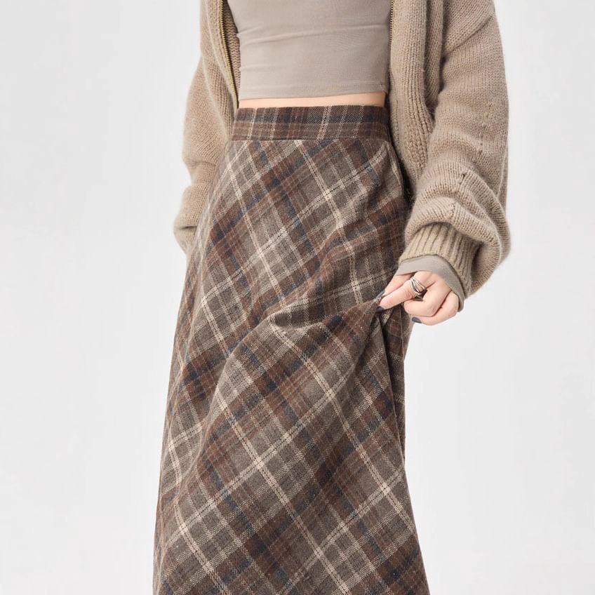 Plaid High Waist Midi A-Line Skirt