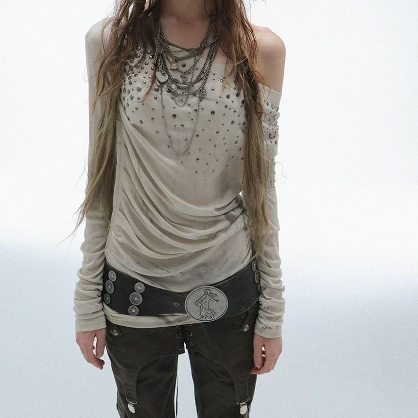 Tie Dye Studded Off-Shoulder Ruched Tee