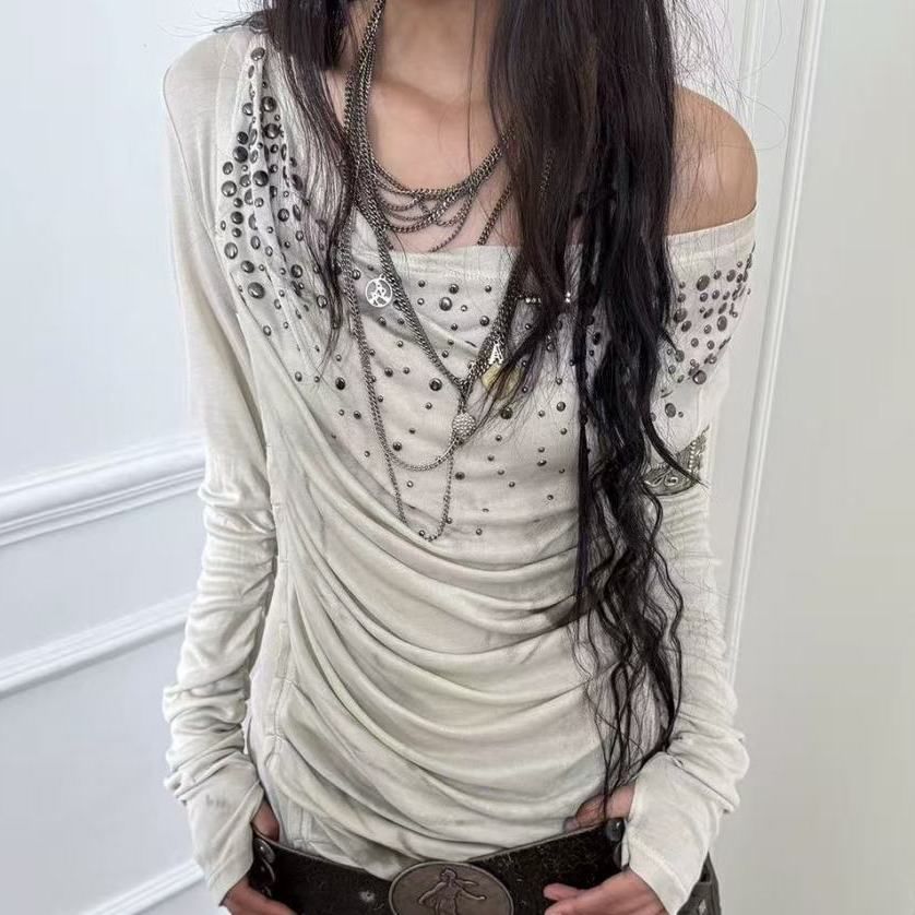 Tie Dye Studded Off-Shoulder Ruched Tee