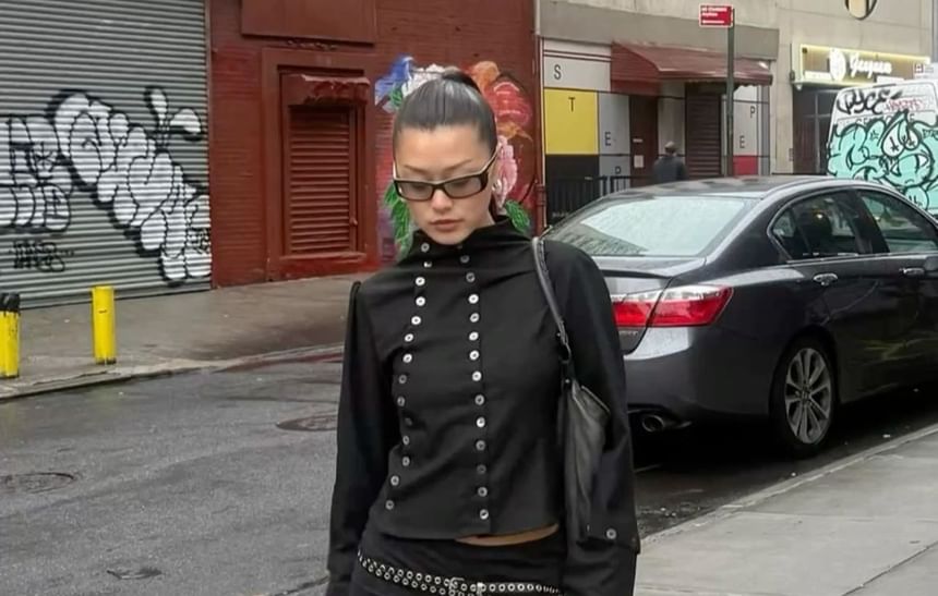 Double-Breasted Stand Collar Crop Blouse