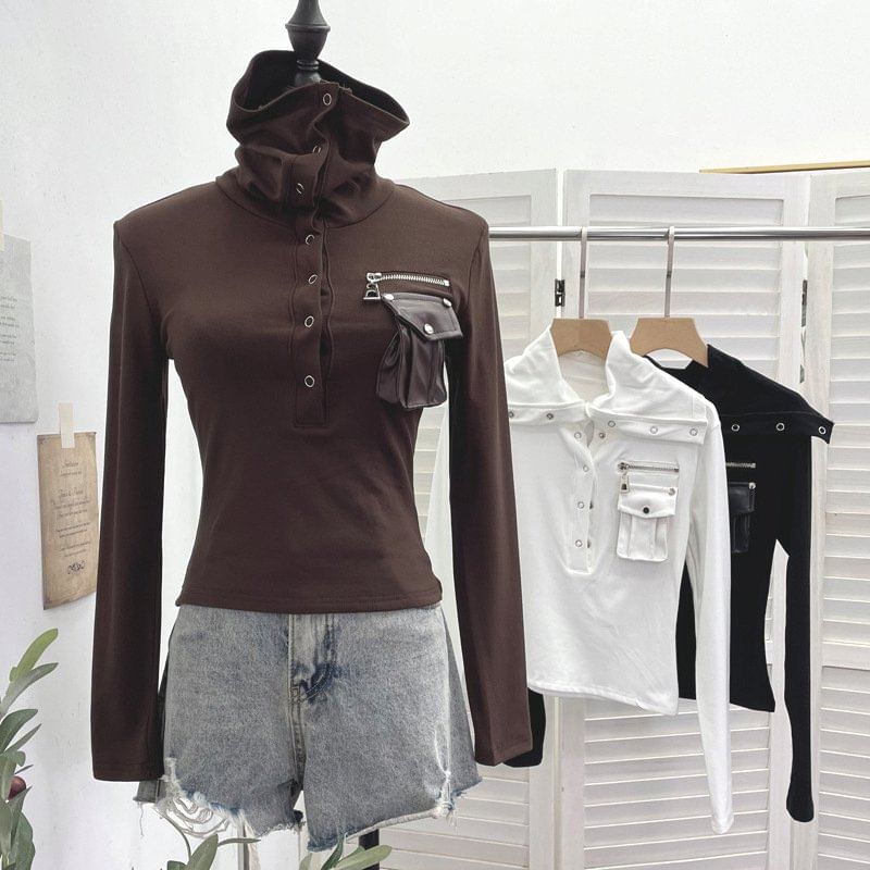 Slim Fit Half-Button Turtleneck Long Sleeve Tee
