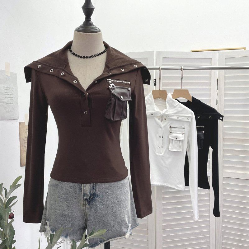 Slim Fit Half-Button Turtleneck Long Sleeve Tee
