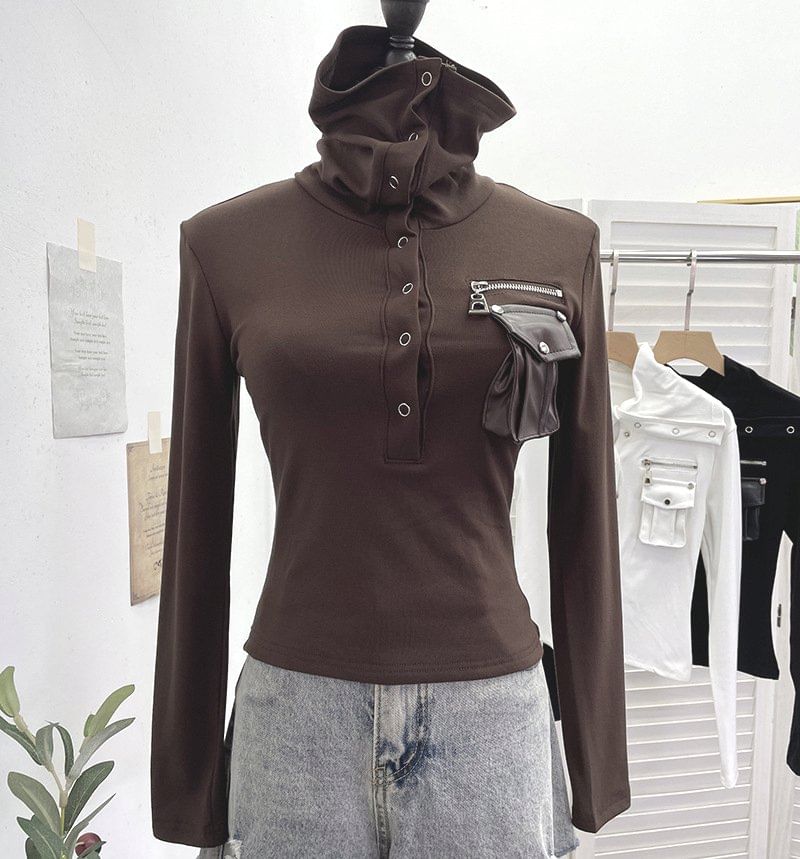 Slim Fit Half-Button Turtleneck Long Sleeve Tee